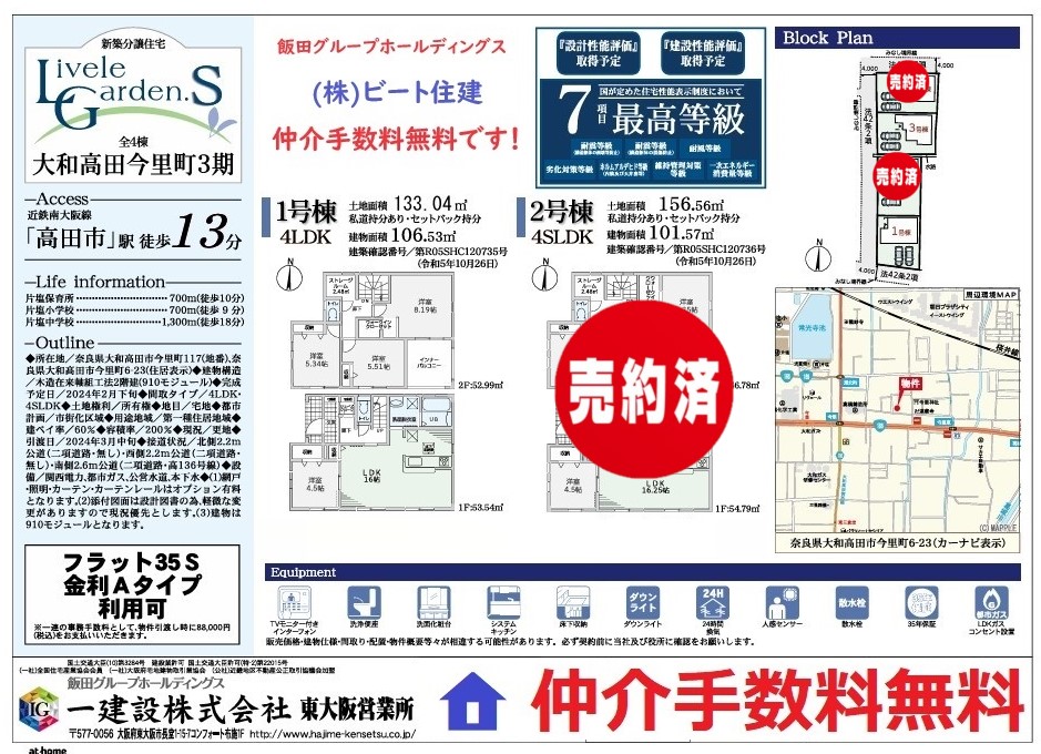 大和高田市今里町　一建設  ３新築住宅　仲介手数料割引などお任せください。(間取)